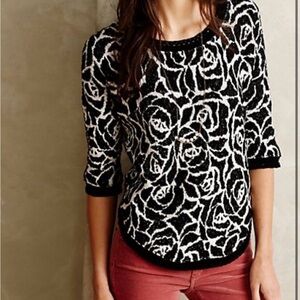 Anthropologie Moth halfeti black white floral rose cotton wool 3/4 sleeve top M